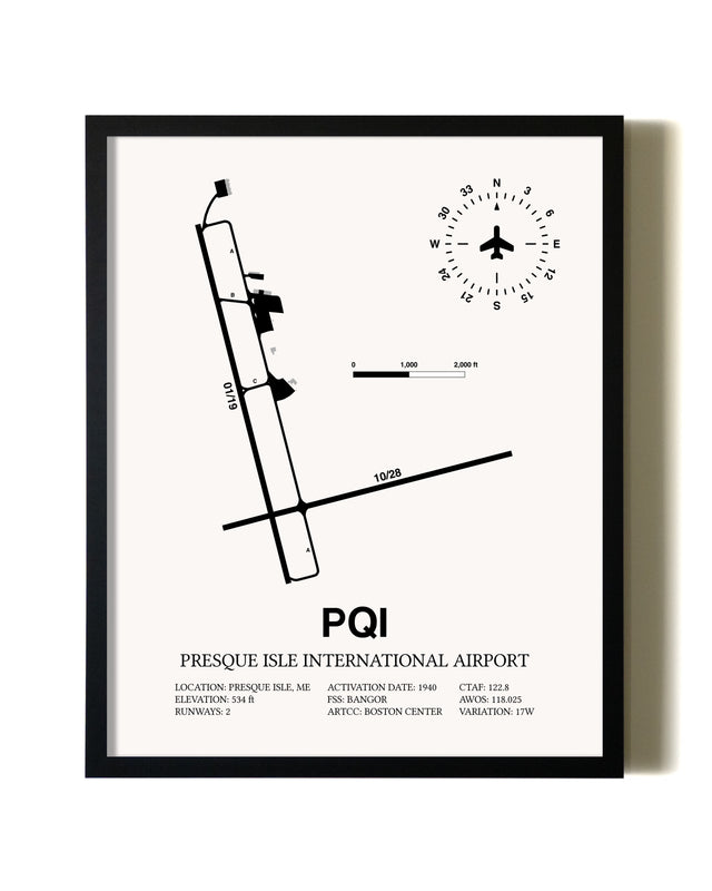 Framed Presque Isle International Airport wall art poster in black frame