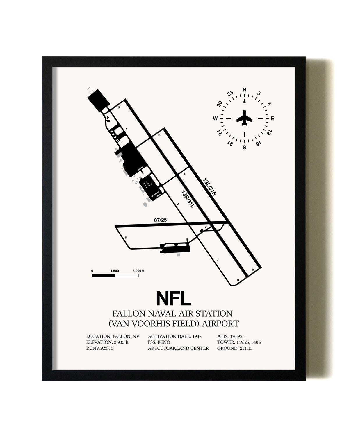 Framed Fallon Naval Air Station (Van Voorhis Field) Airport wall art poster in black frame