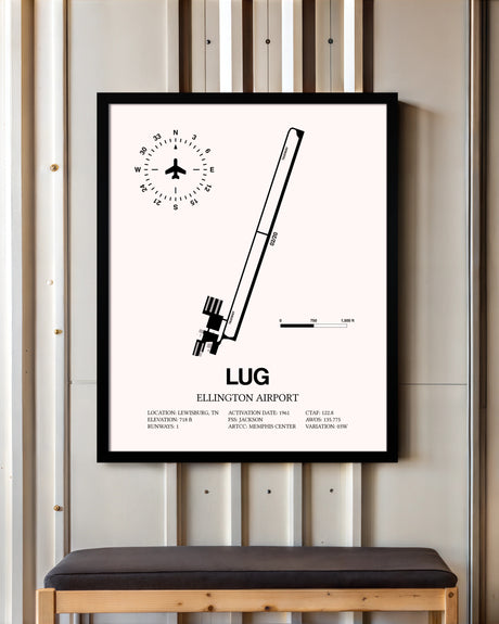 Ellington Airport framed poster displayed in an airplane hangar