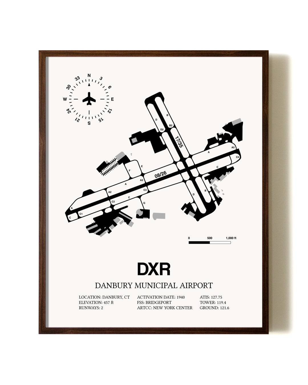 Danbury Municipal Airport aviation print in walnut frame