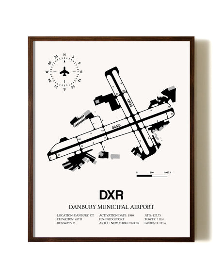 Danbury Municipal Airport aviation print in walnut frame