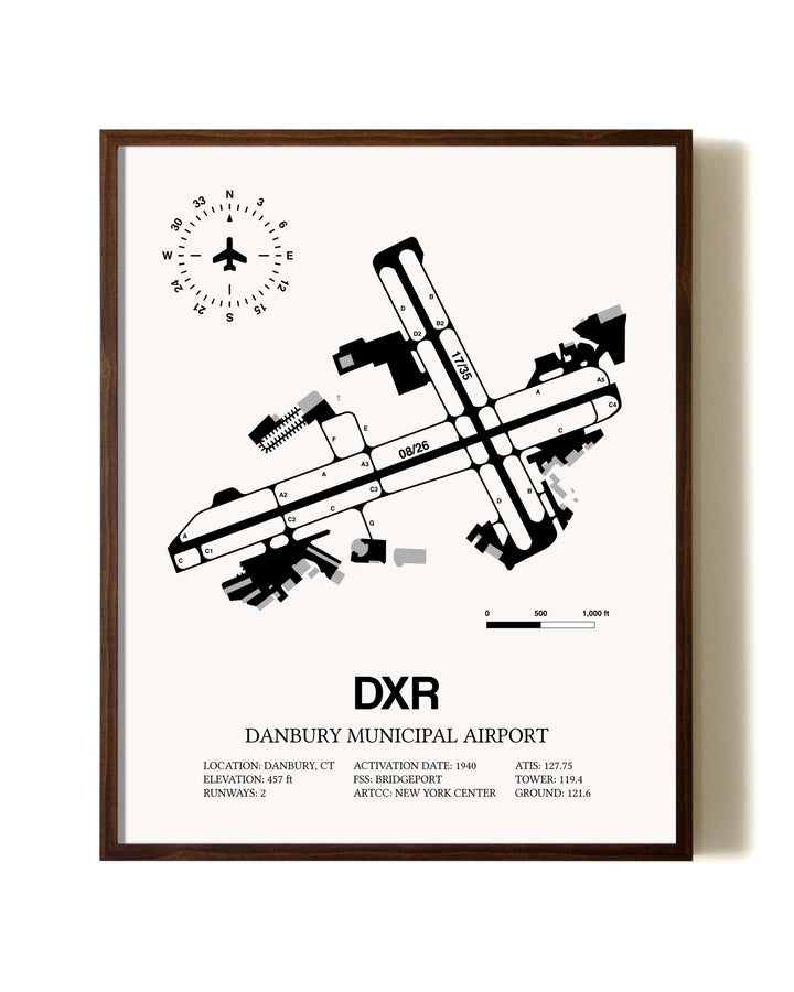 Danbury Municipal Airport aviation print in walnut frame