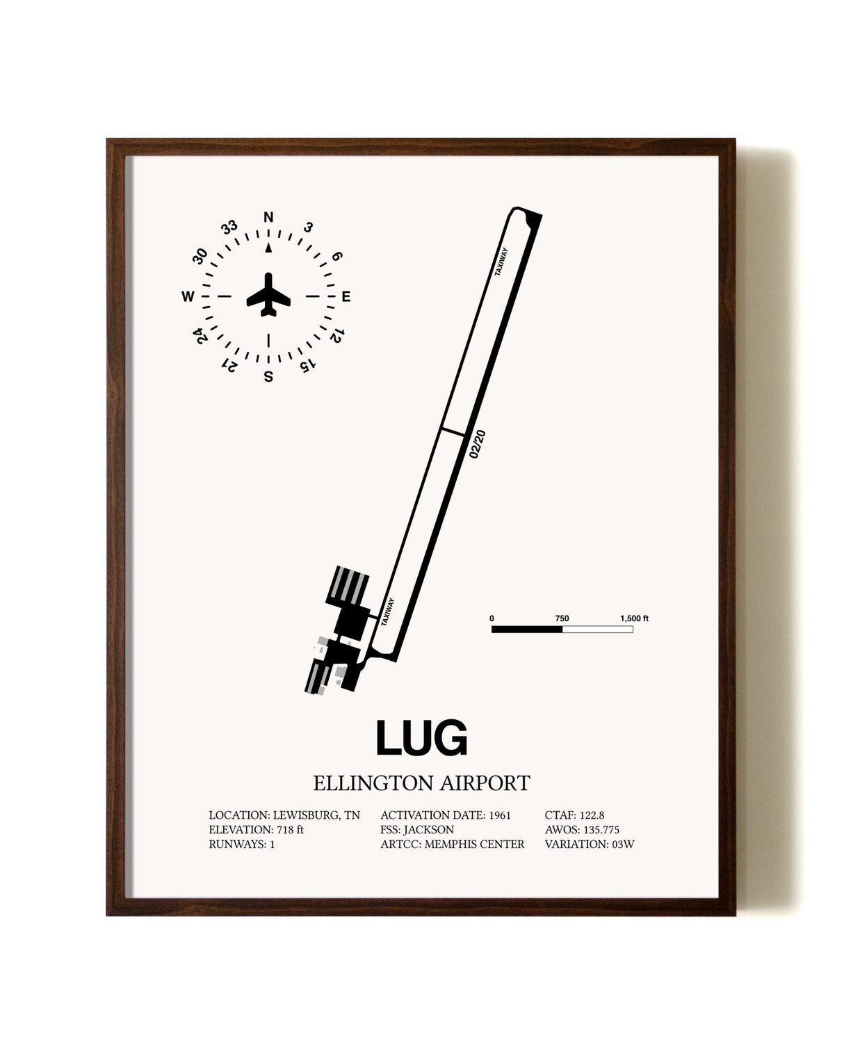 Ellington Airport aviation print in walnut frame