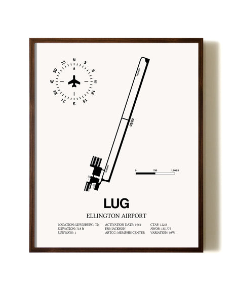 Ellington Airport aviation print in walnut frame