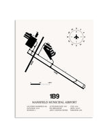 Gray Mansfield Municipal Airport framed poster displayed in an airplane hangar