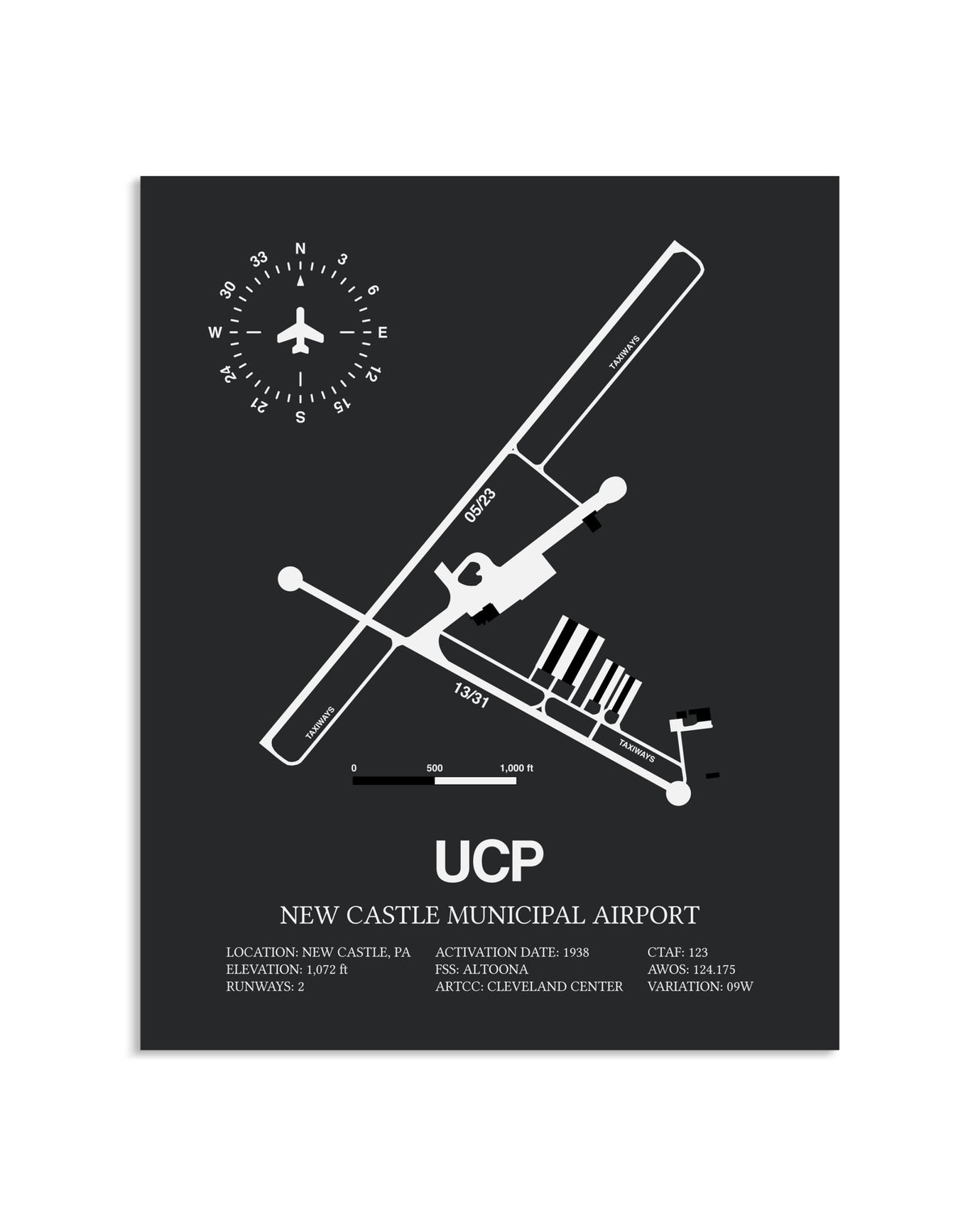 Gray Framed New Castle Municipal Airport layout wall art poster