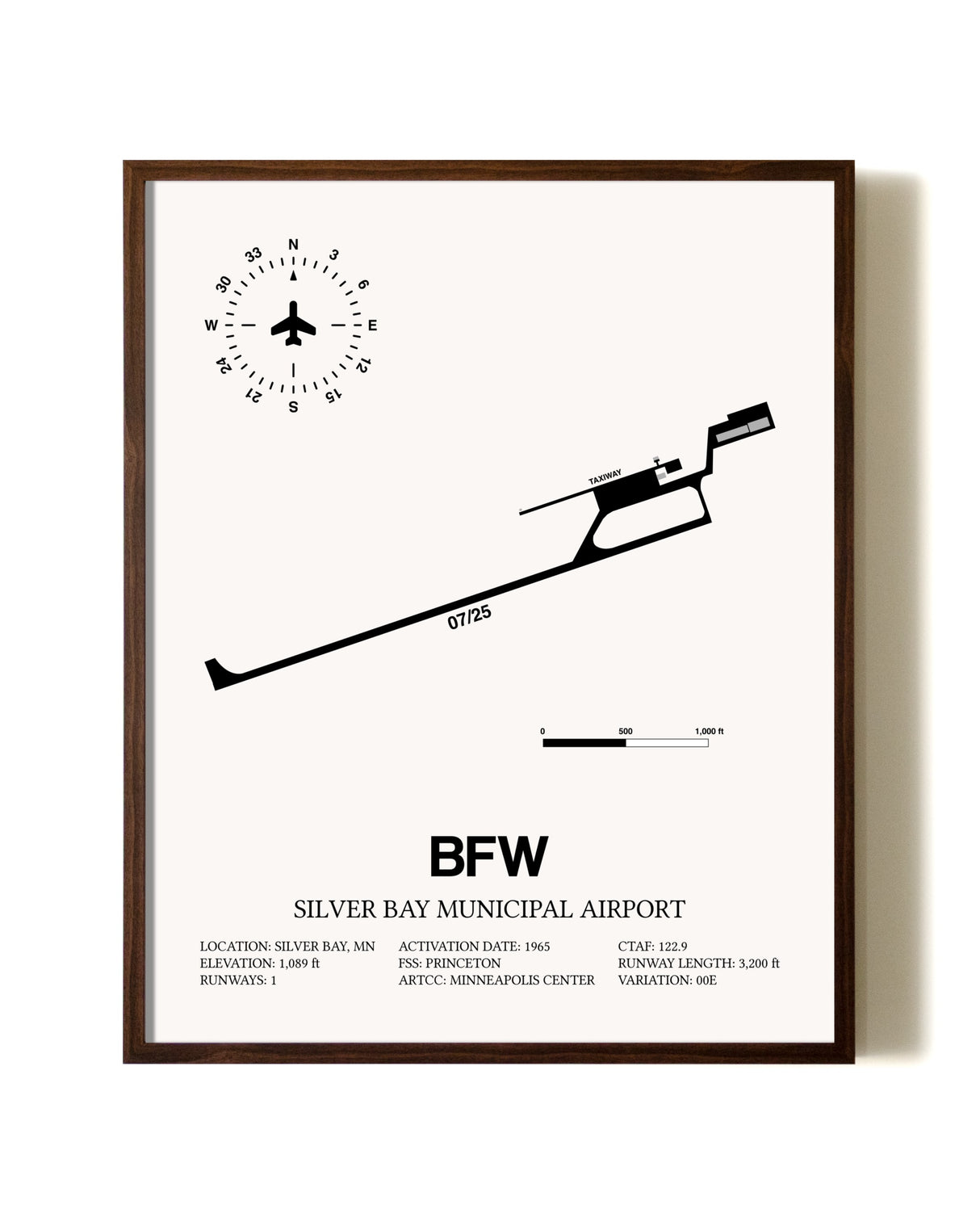 Silver Bay Municipal Airport aviation print in walnut frame