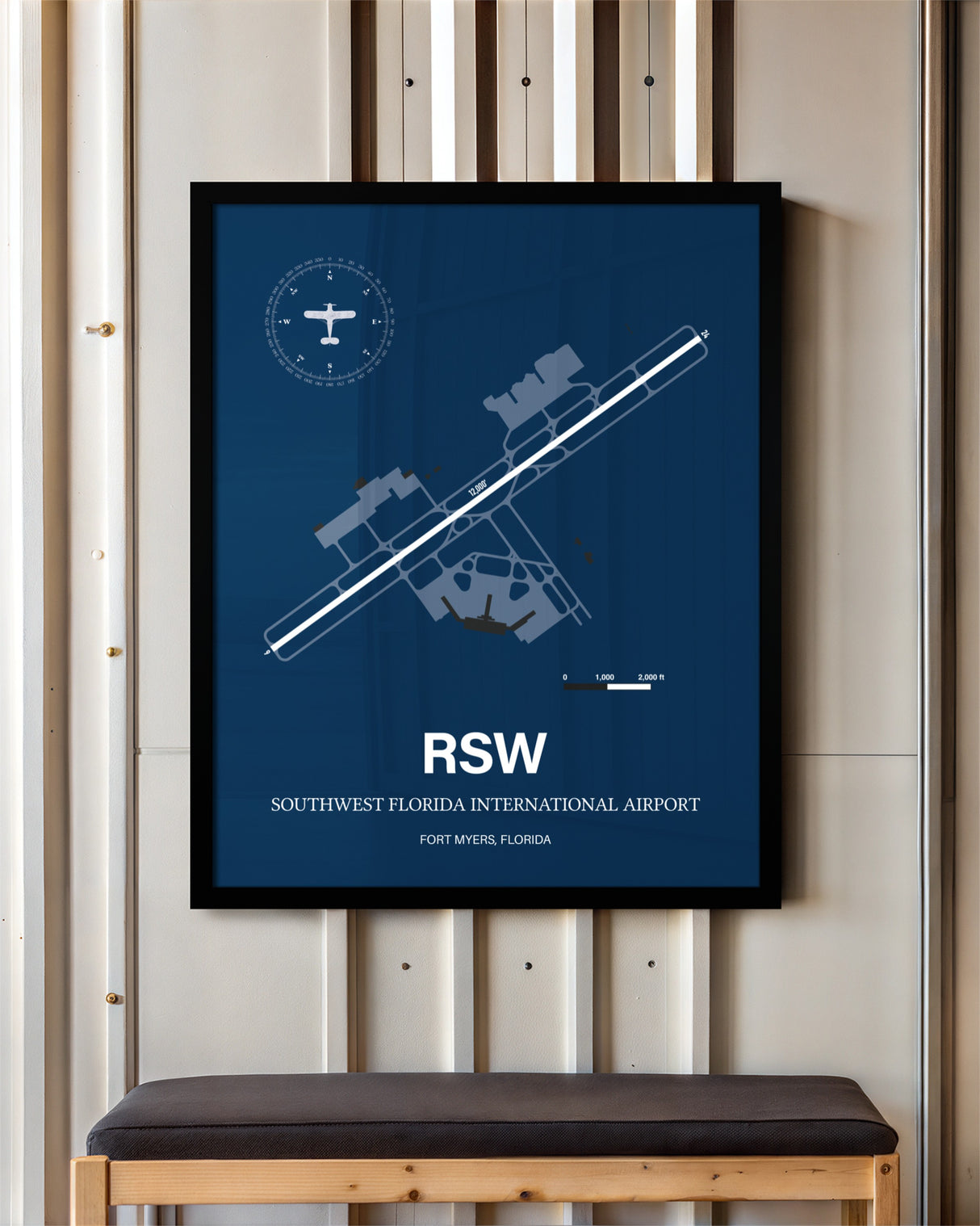 Southwest Florida International Airport framed poster displayed in an airplane hangar