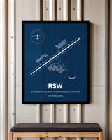 Southwest Florida International Airport framed poster displayed in an airplane hangar