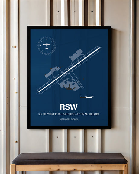 Southwest Florida International Airport framed poster displayed in an airplane hangar