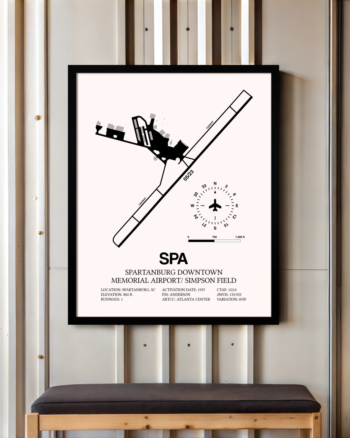 Spartanburg Downtown Memorial Airport / Simpson Field framed poster displayed in an airplane hangar