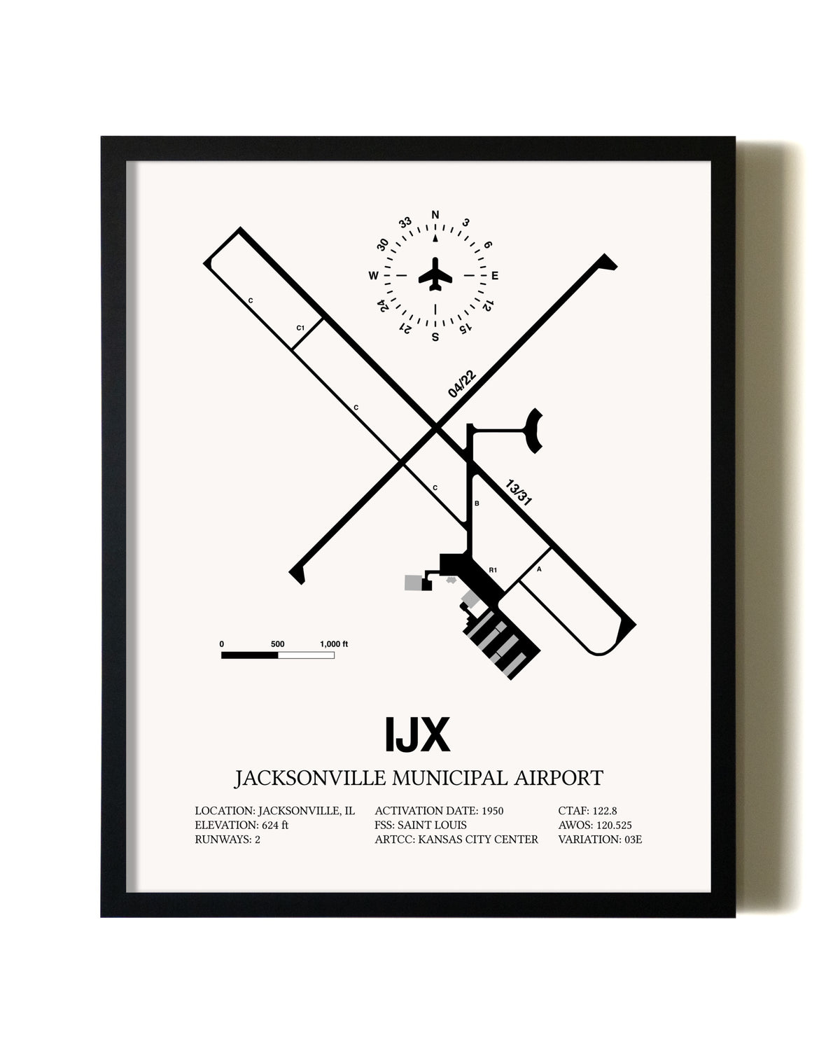 Framed Jacksonville Municipal Airport wall art poster in black frame