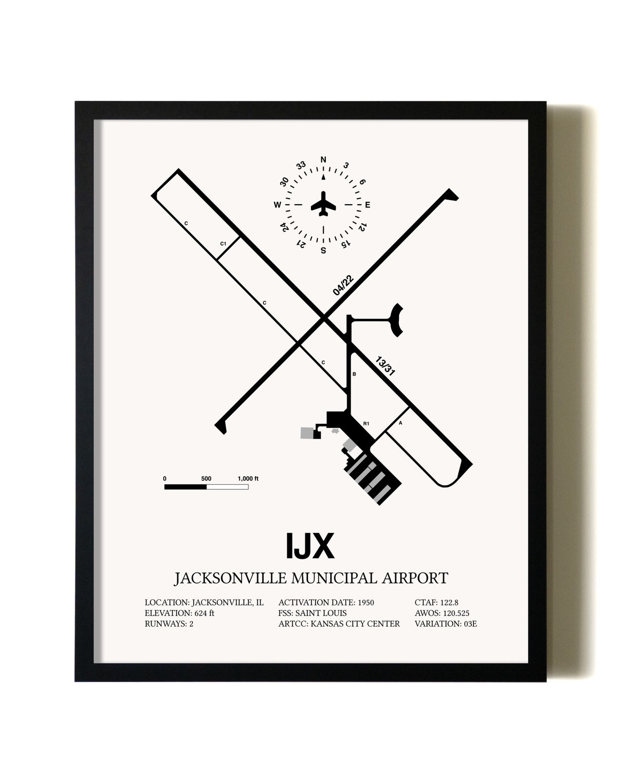 Framed Jacksonville Municipal Airport wall art poster in black frame