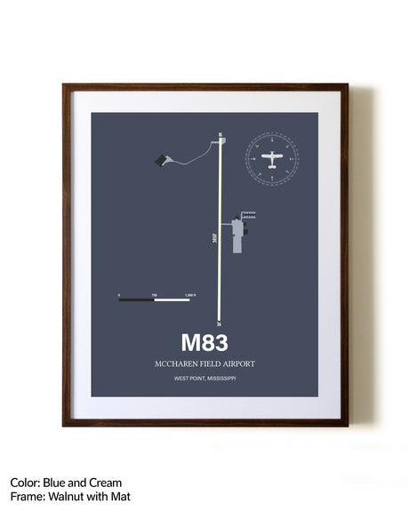 McCharen Field Airport aviation print in walnut frame with mat
