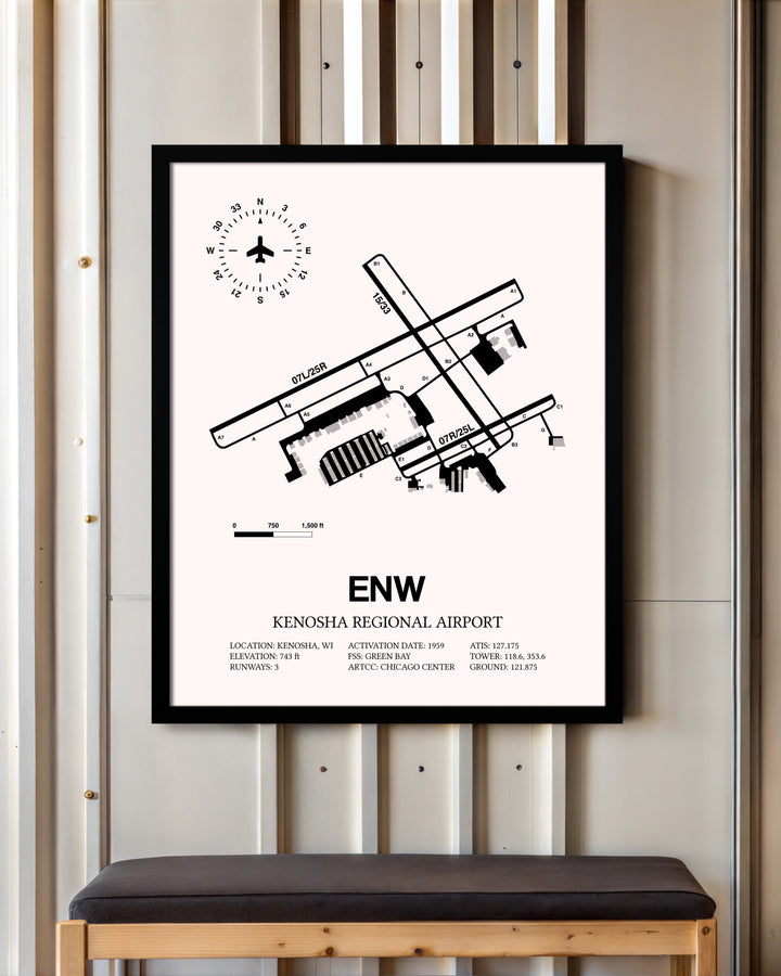 Kenosha Regional Airport framed poster displayed in an airplane hangar