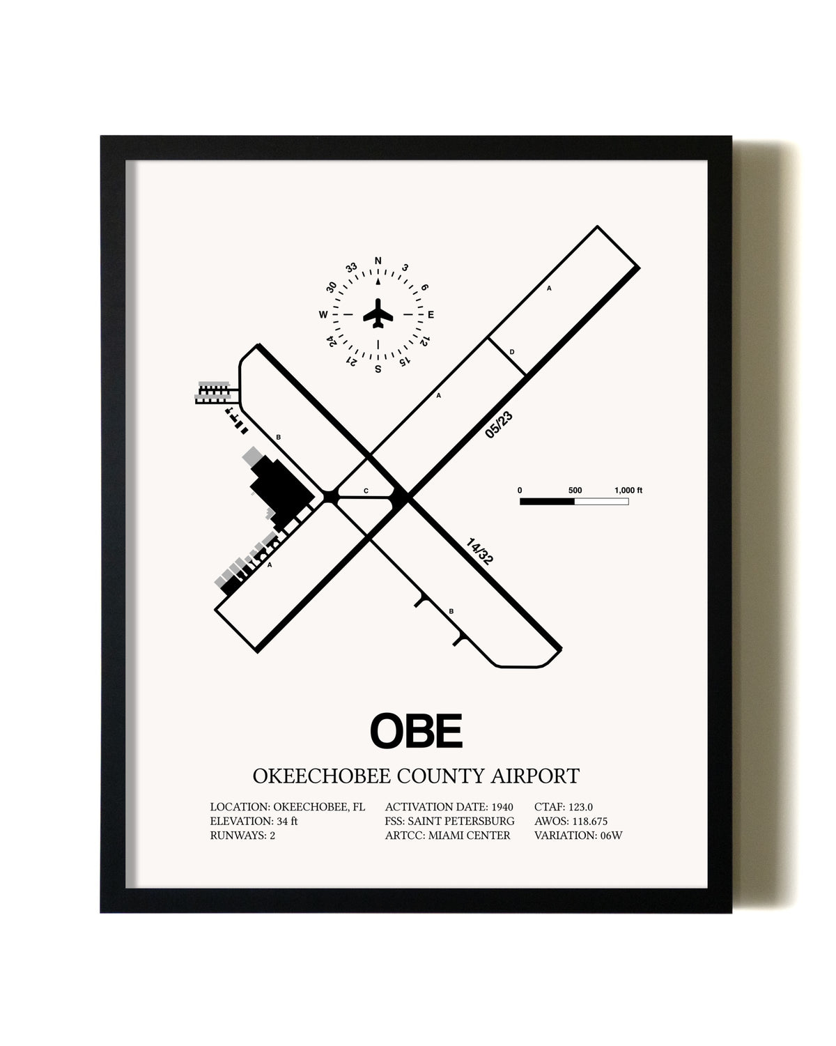 Framed Okeechobee County Airport wall art poster in black frame