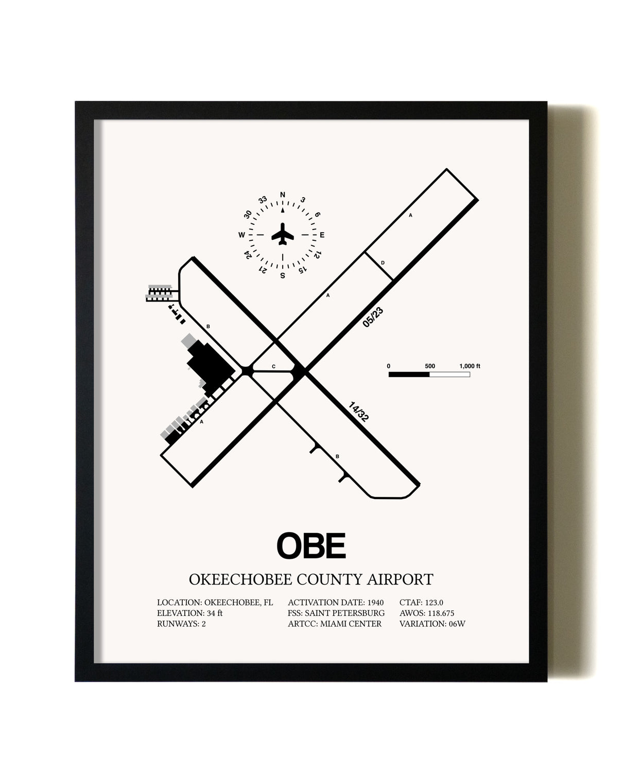 Framed Okeechobee County Airport wall art poster in black frame