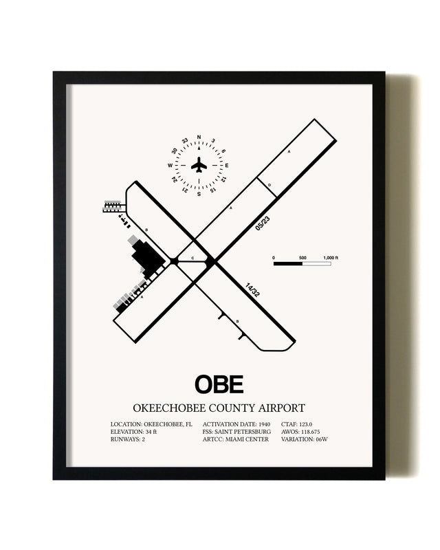Framed Okeechobee County Airport wall art poster in black frame