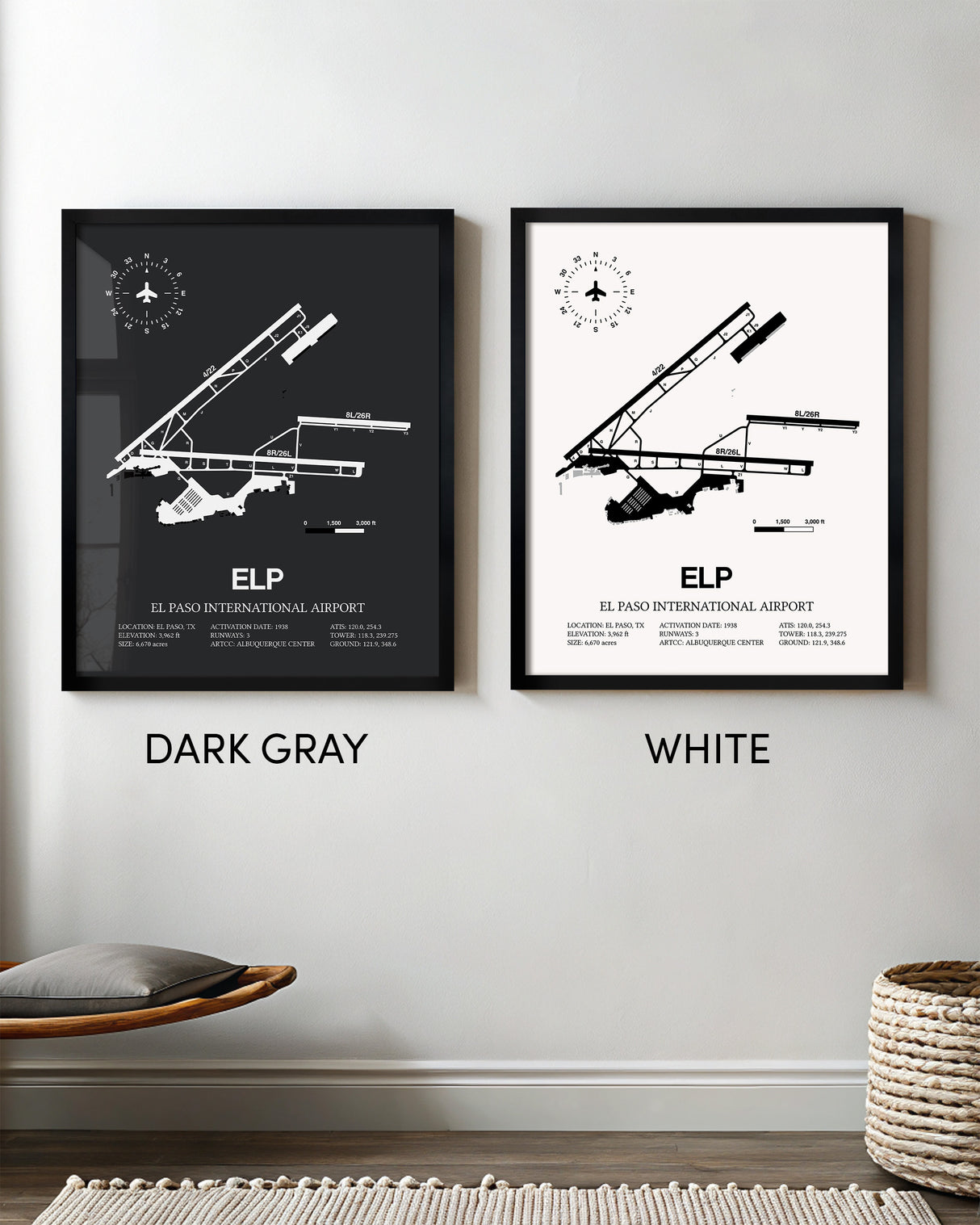 Framed Detailed Airport Map of El Paso International Airport (ELP) in White and Gray