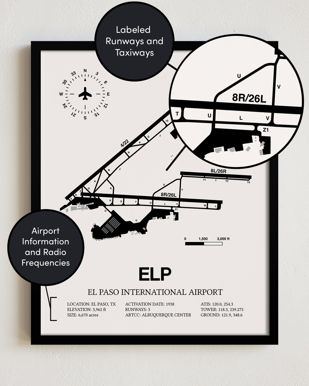 Framed Detailed Airport Map of El Paso International Airport (ELP) in White with a Black Frame
