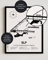 Framed Detailed Airport Map of El Paso International Airport (ELP) in White with a Black Frame