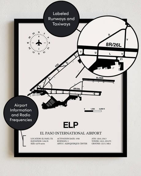 Framed Detailed Airport Map of El Paso International Airport (ELP) in White with a Black Frame
