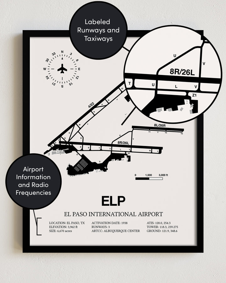 Framed Detailed Airport Map of El Paso International Airport (ELP) in White with a Black Frame