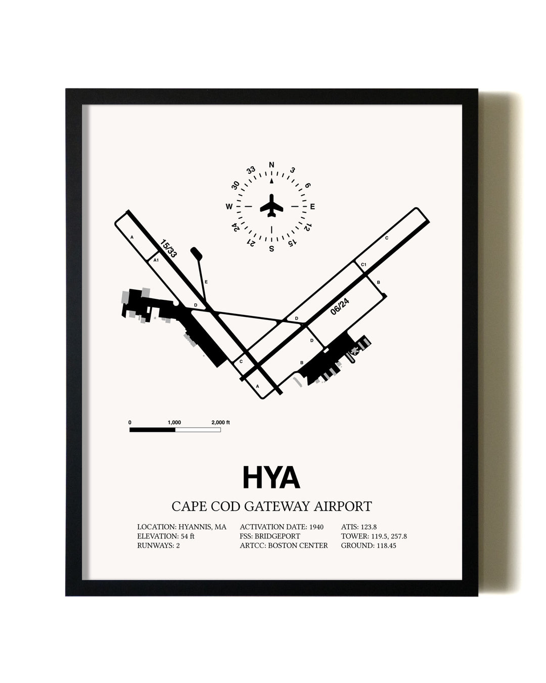 Framed Cape Cod Gateway Airport wall art poster in black frame