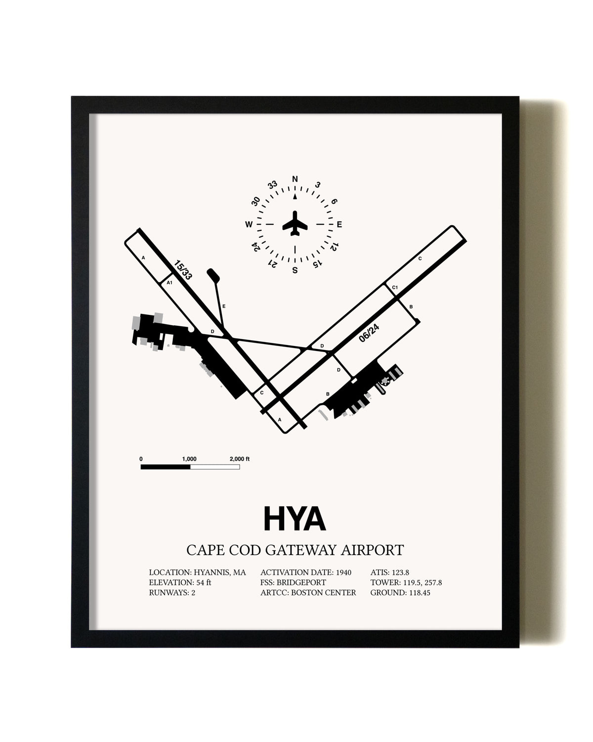 Framed Cape Cod Gateway Airport wall art poster in black frame