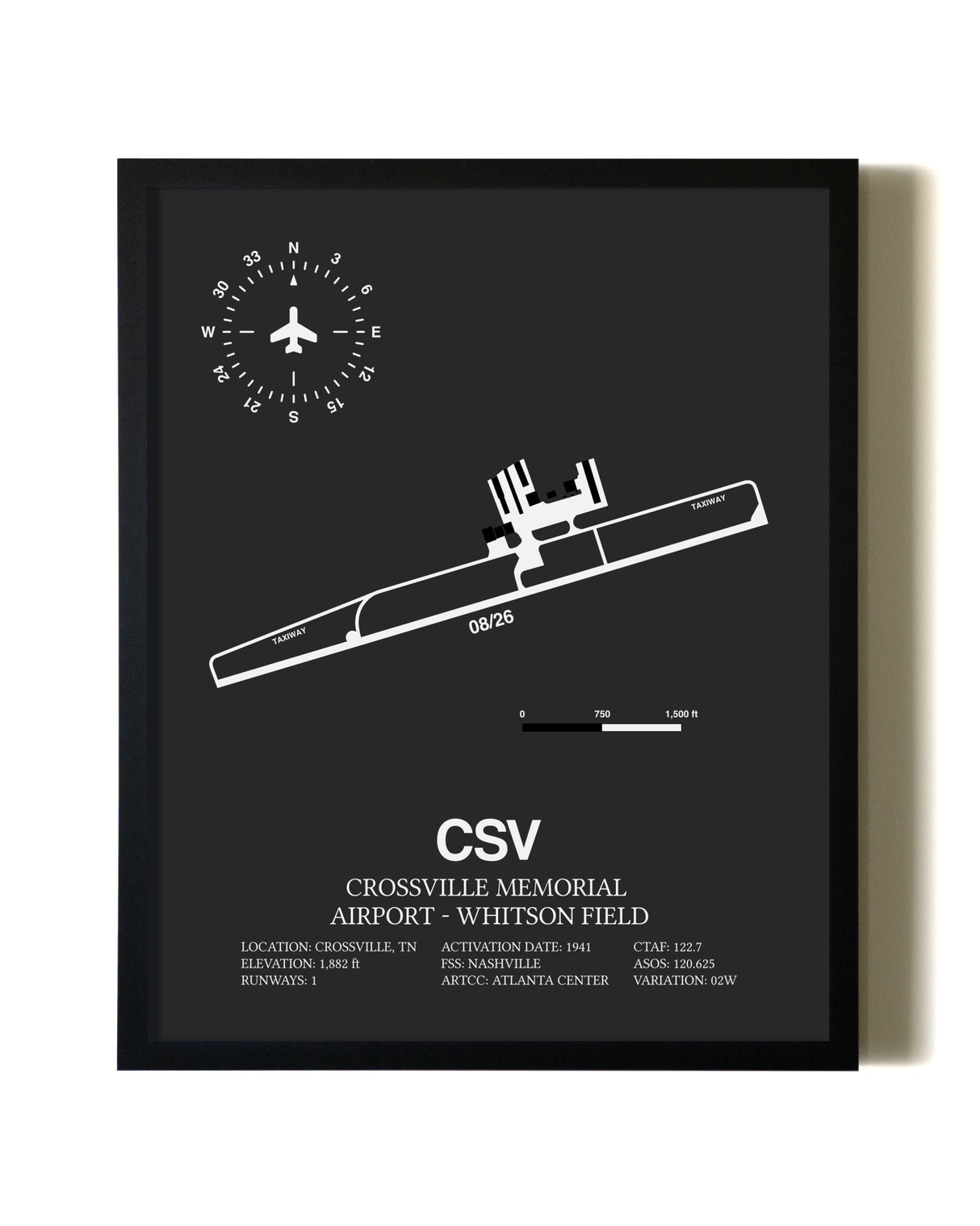 Unframed Crossville Memorial Airport-Whitson Field map print poster