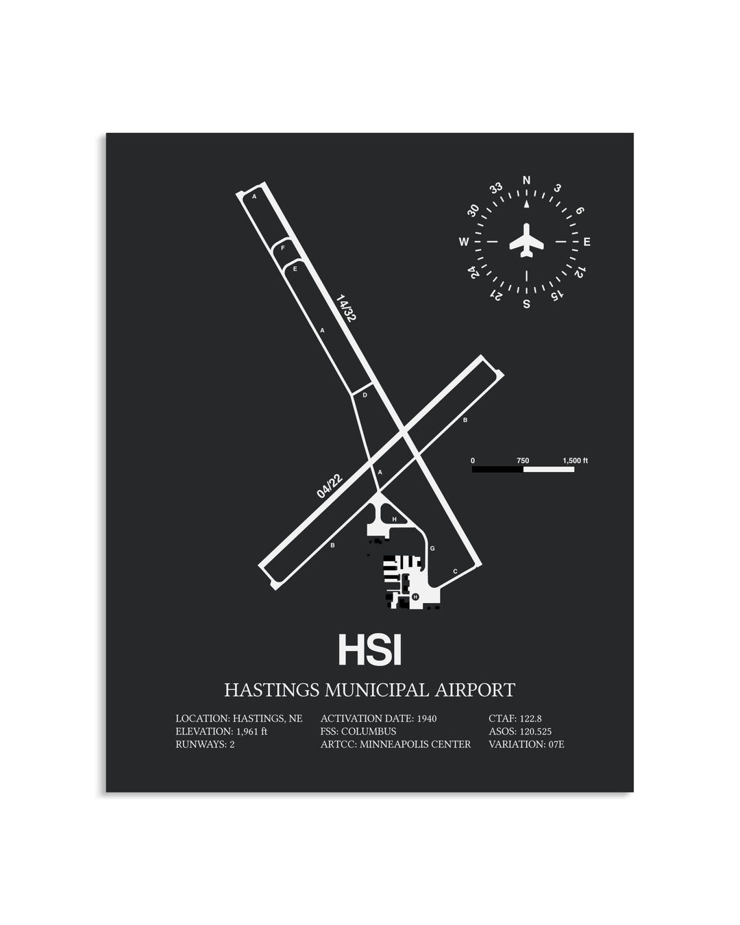 Gray Framed Hastings Municipal Airport layout wall art poster