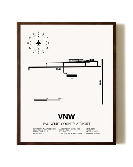 Van Wert County Airport aviation print in walnut frame