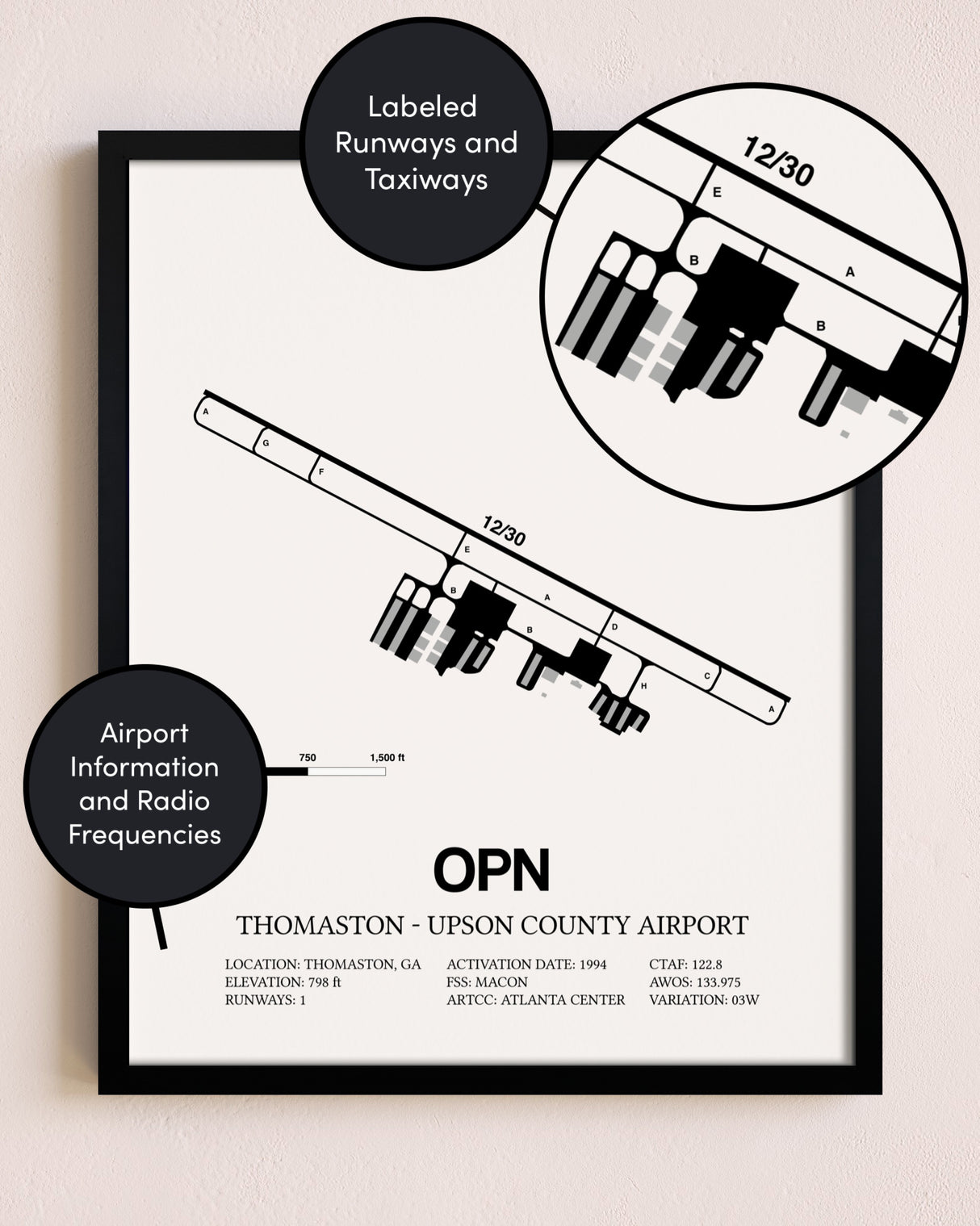 Framed Thomaston-Upson County Airport layout wall art poster