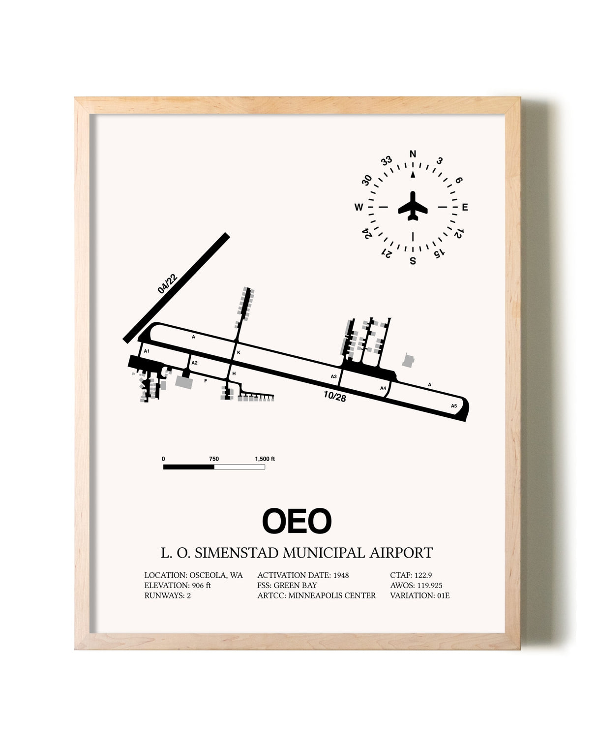 L. O. Simenstad Municipal Airport framed wall art in white frame