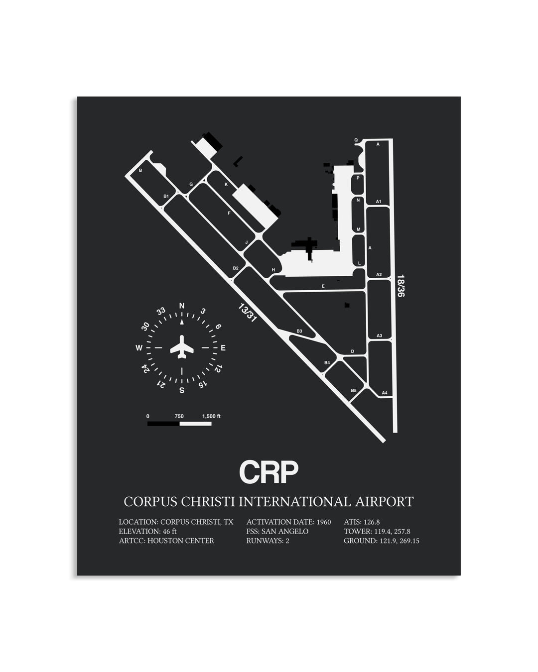 Gray Framed Corpus Christi International Airport layout wall art poster