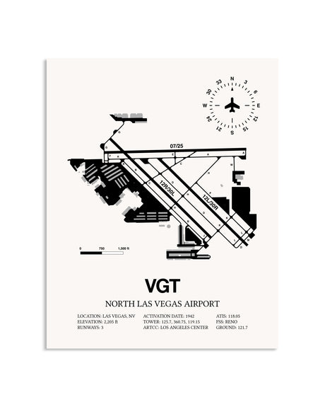 Gray North Las Vegas Airport framed poster displayed in an airplane hangar
