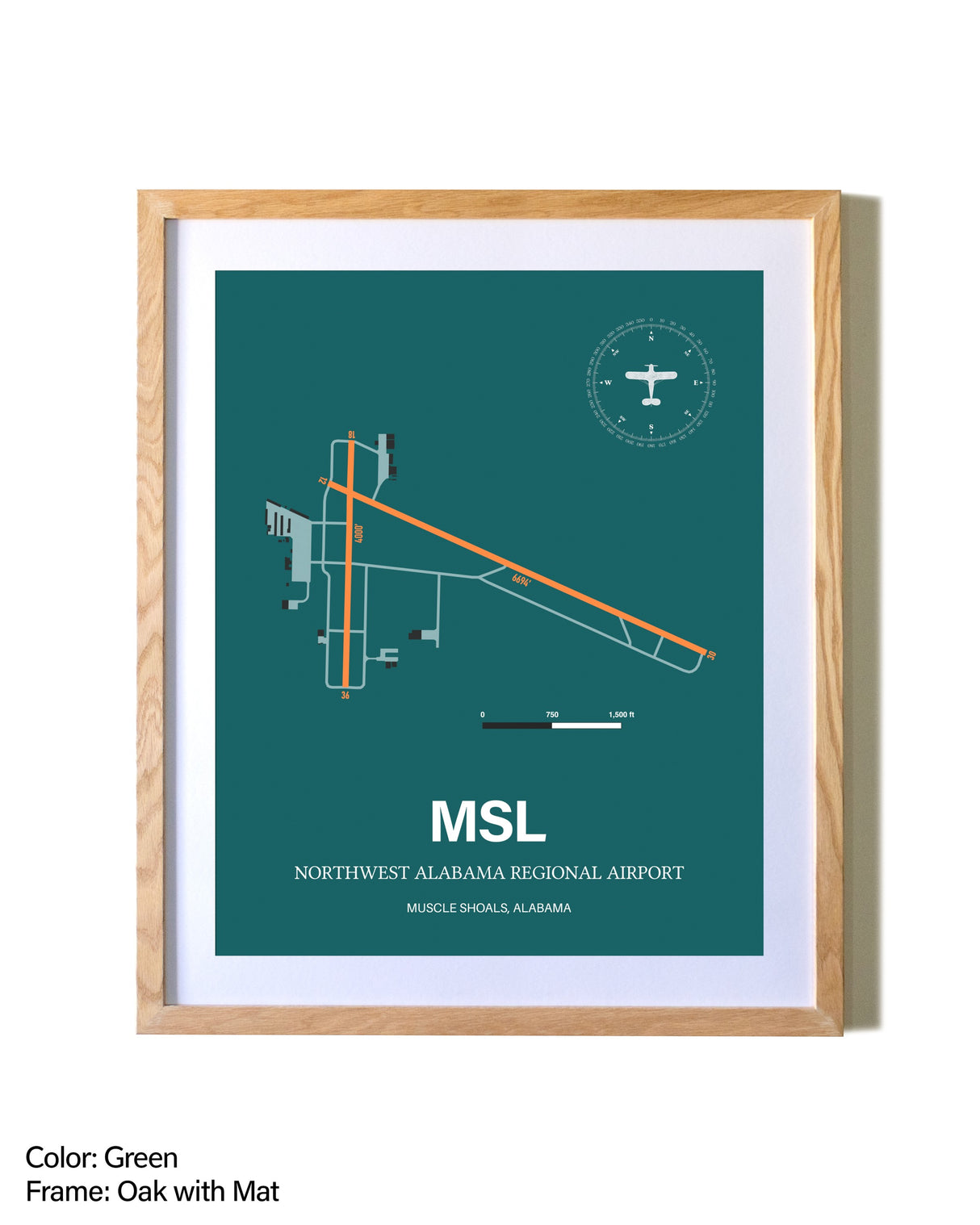 Northwest Alabama Regional Airport airport map poster in oak frame with mat