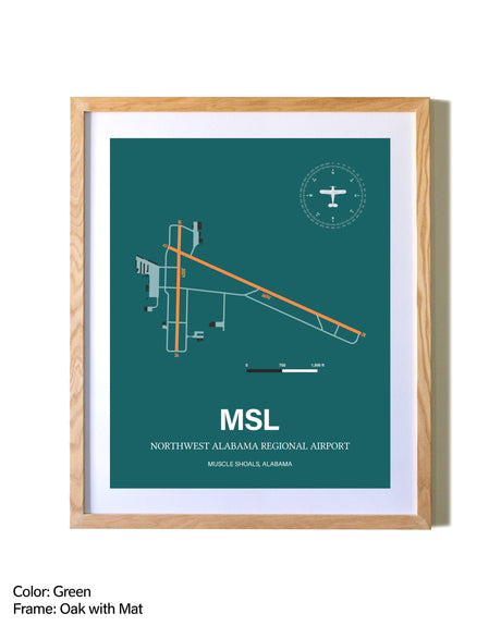 Northwest Alabama Regional Airport airport map poster in oak frame with mat