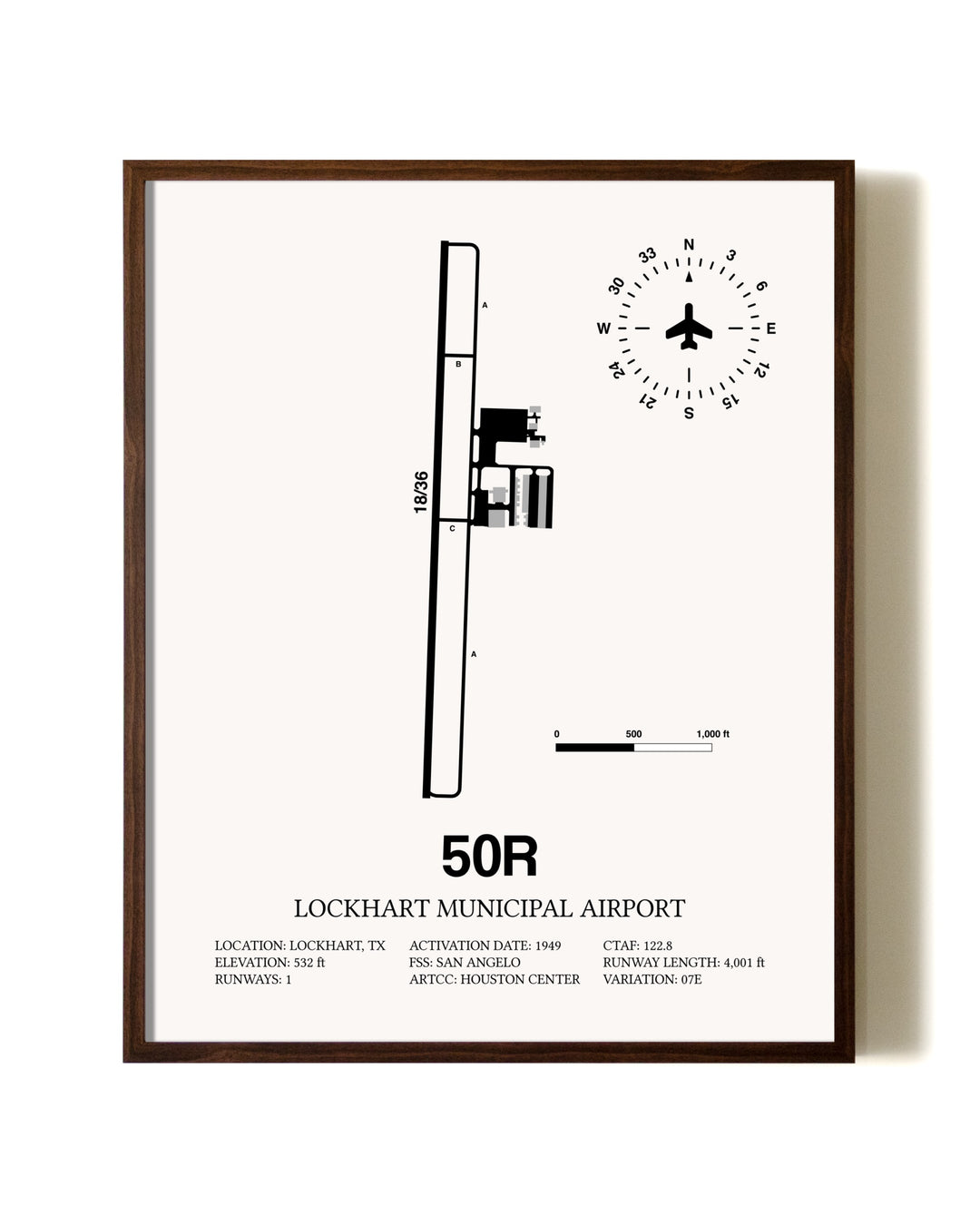 Lockhart Municipal Airport aviation print in walnut frame