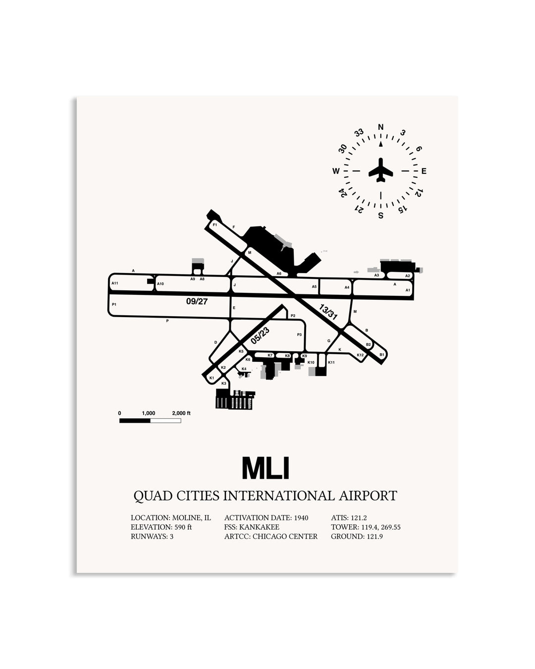 Gray Quad Cities International Airport framed poster displayed in an airplane hangar
