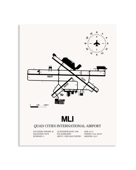 Gray Quad Cities International Airport framed poster displayed in an airplane hangar
