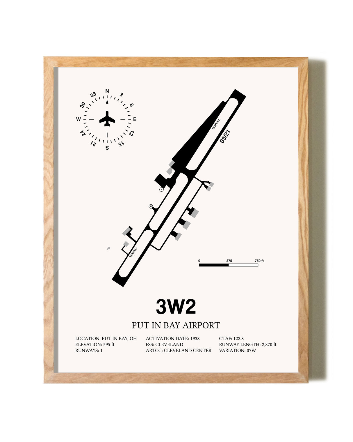 Put in Bay Airport framed print in natural wood frame