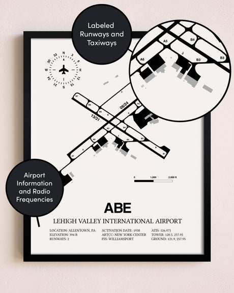 Framed Lehigh Valley International Airport layout wall art poster