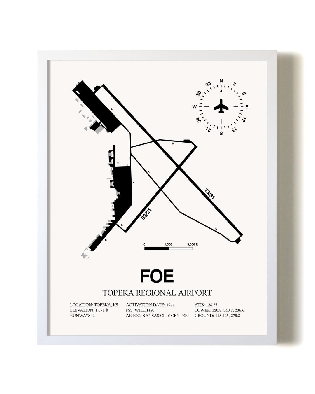 Topeka Regional Airport airport map poster in oak frame