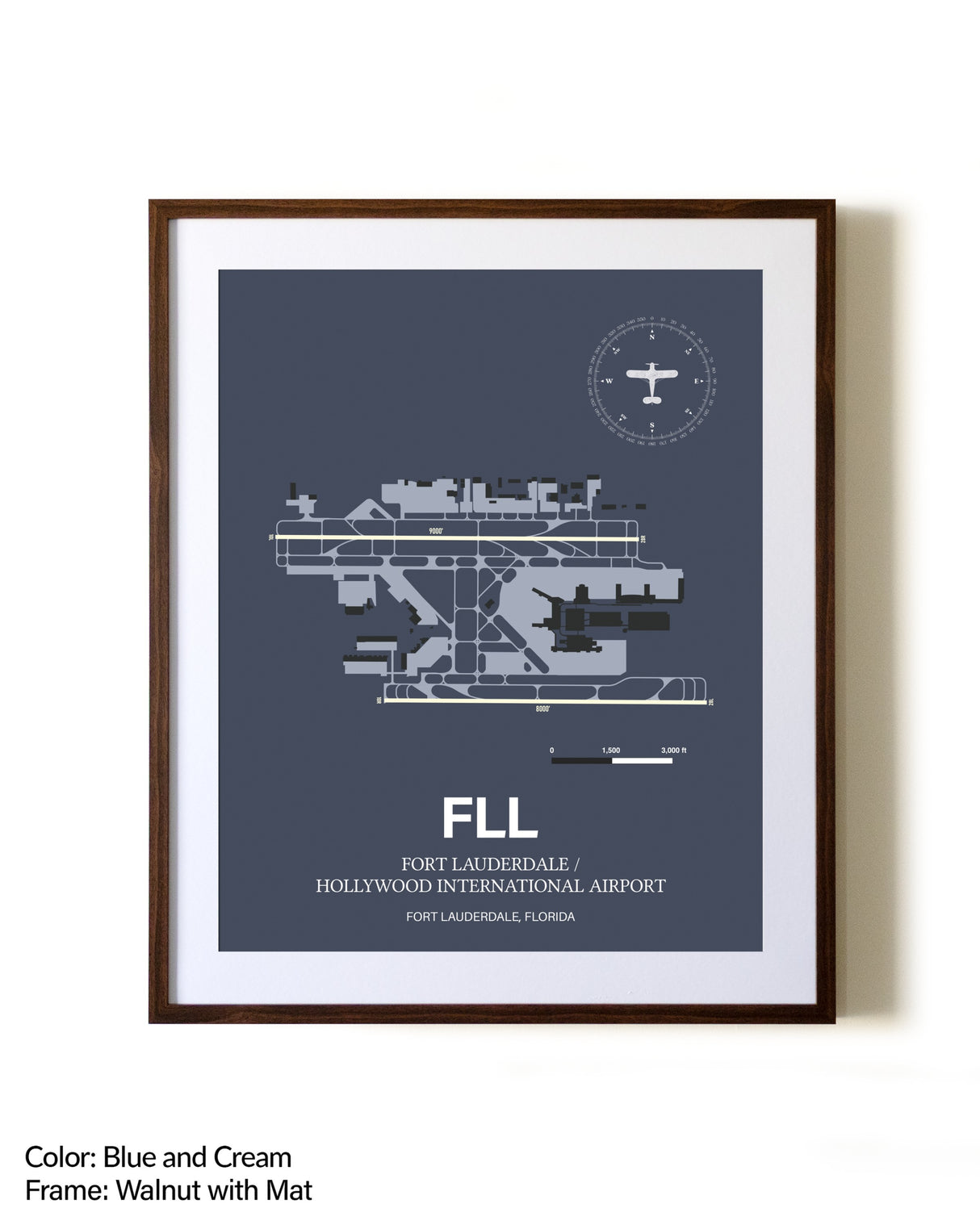 Fort Lauderdale/Hollywood International Airport aviation print in walnut frame with mat