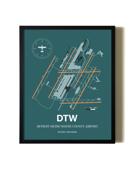 Framed Detroit Metro Wayne County Airport wall art poster in black frame