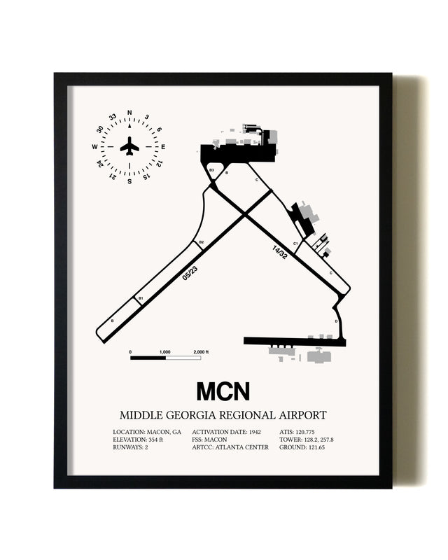Framed Middle Georgia Regional Airport wall art poster in black frame