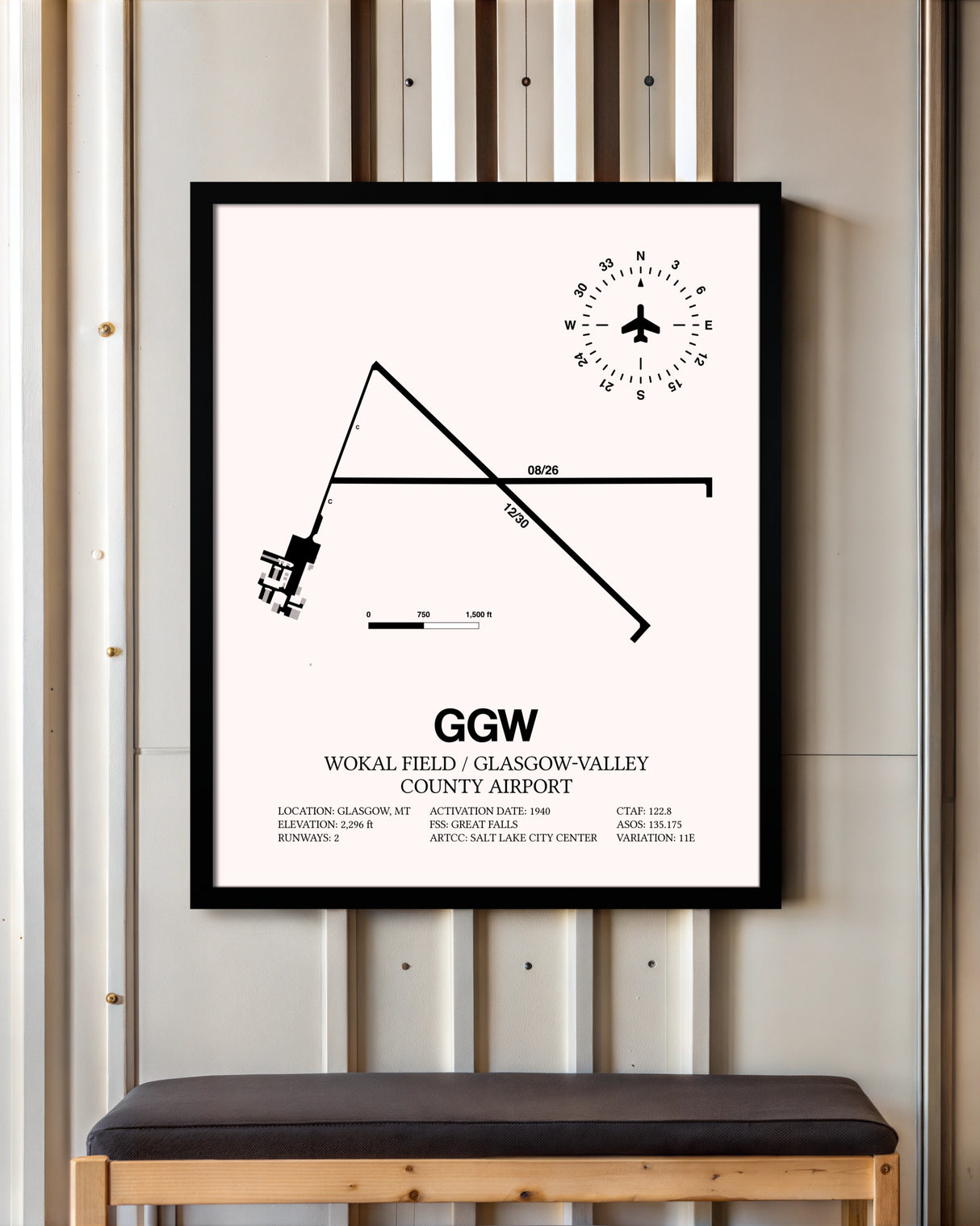 Wokal Field / Glasgow-Valley County Airport framed poster displayed in an airplane hangar