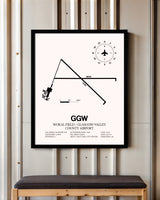 Wokal Field / Glasgow-Valley County Airport framed poster displayed in an airplane hangar
