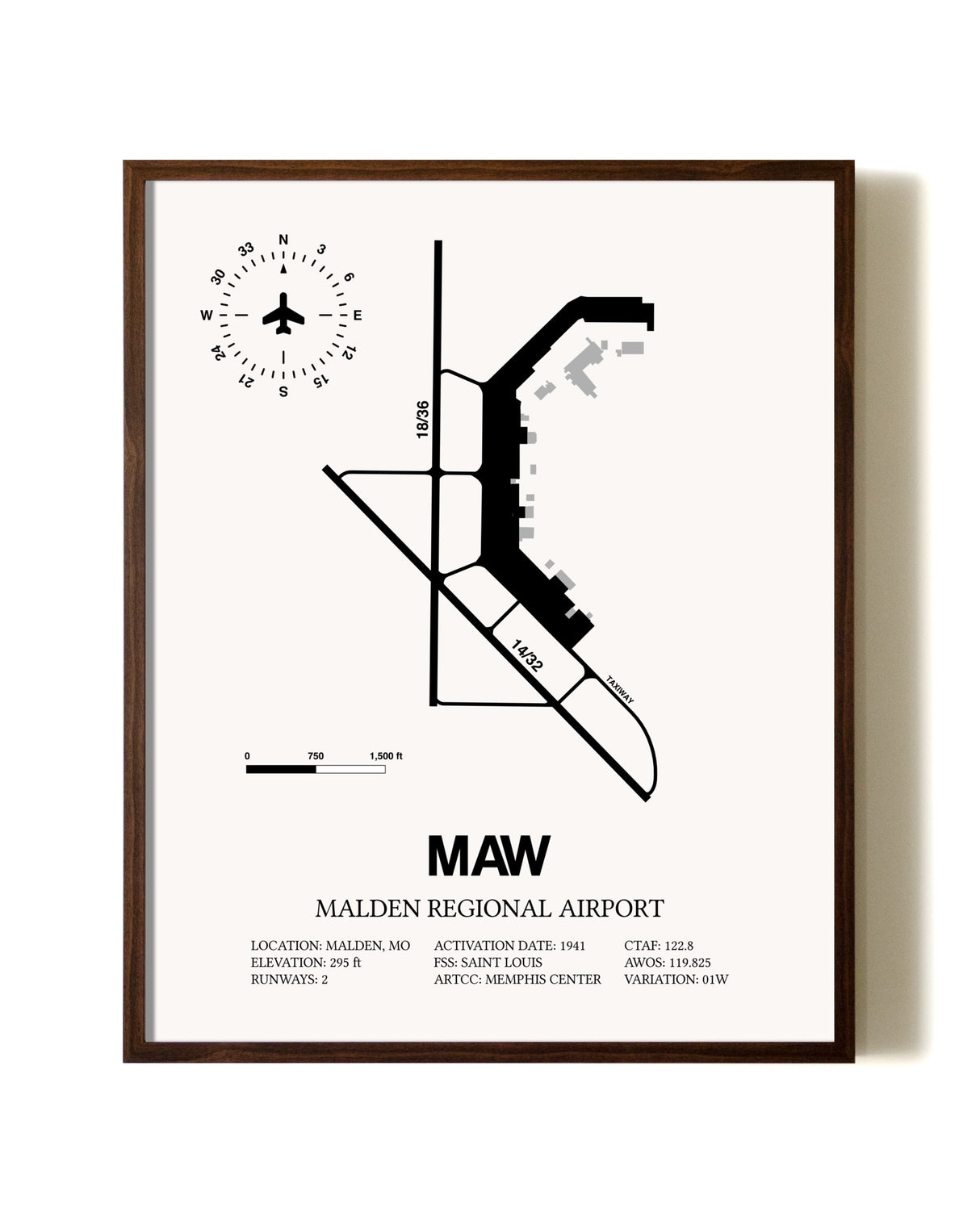 Malden Regional Airport aviation print in walnut frame